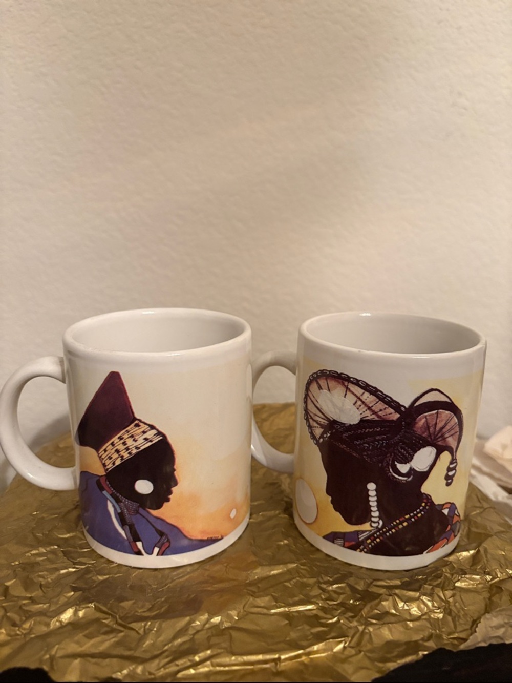 Vintage Ceramic Mugs with African Art Portraits - Set of 2
